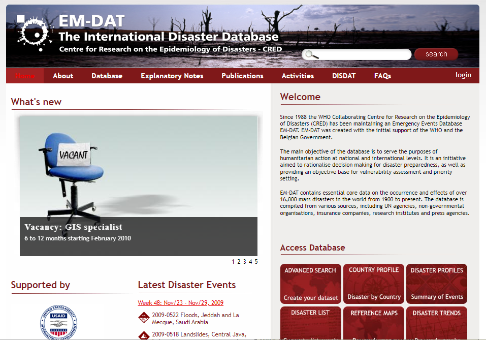 The EM-DAT website in 2009